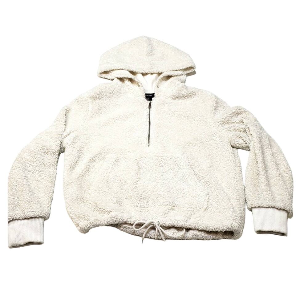 Forever 21 Hoodie Sweatshirt Womens Large Thick Fuzzy Cozy Off-White 1/2 Zip Top